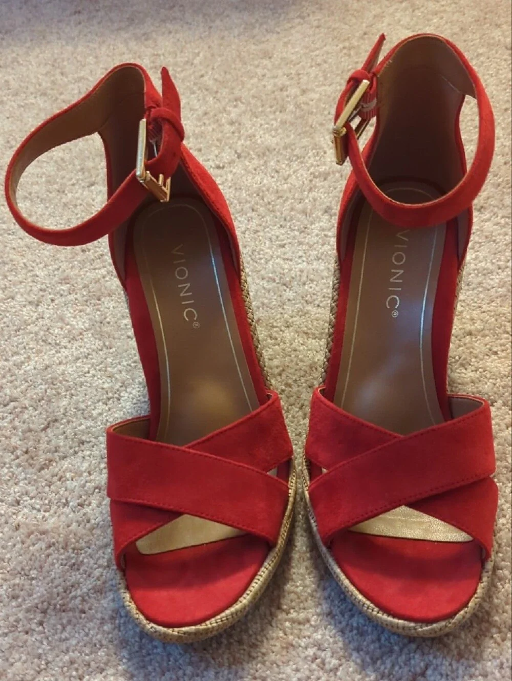 Vionic Red Suede Espadrille Wedge Sandals with Ankle Buckle